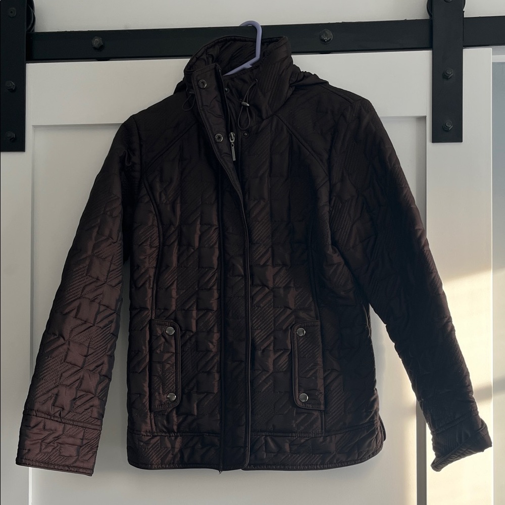 Weatherproof Dark Brown Quilted Puffer Jacket with roll away into zipper Hood